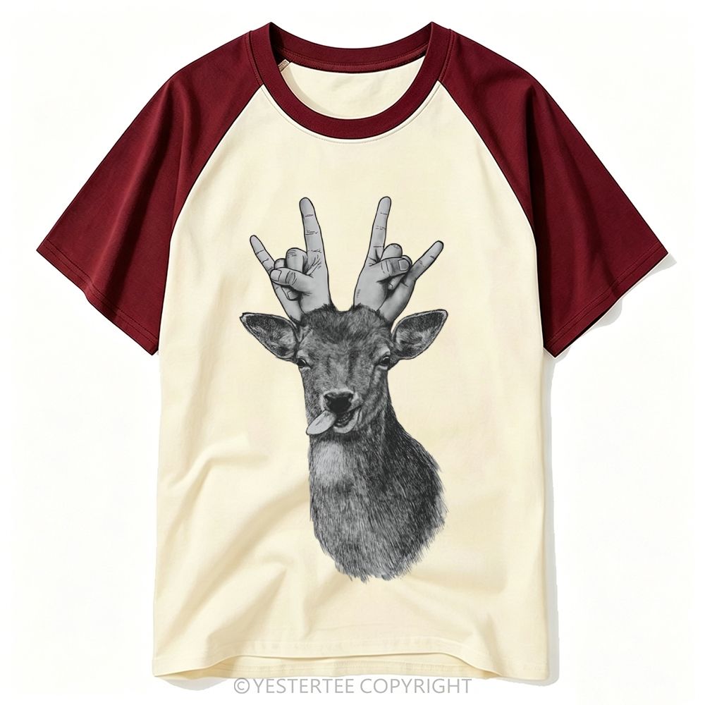 Yestertee Sketch Deer Head Rock Hand Horns Funny Tongue Graphic Baseball T-shirt