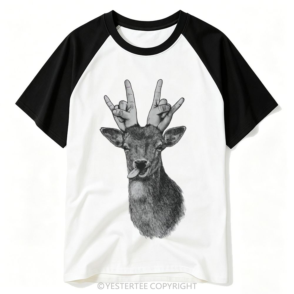 Yestertee Sketch Deer Head Rock Hand Horns Funny Tongue Graphic Baseball T-shirt