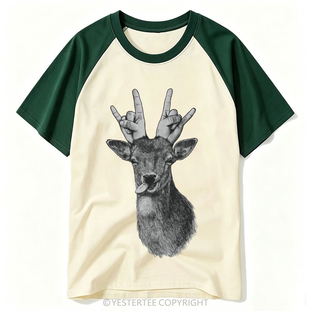 Yestertee Sketch Deer Head Rock Hand Horns Funny Tongue Graphic Baseball T-shirt