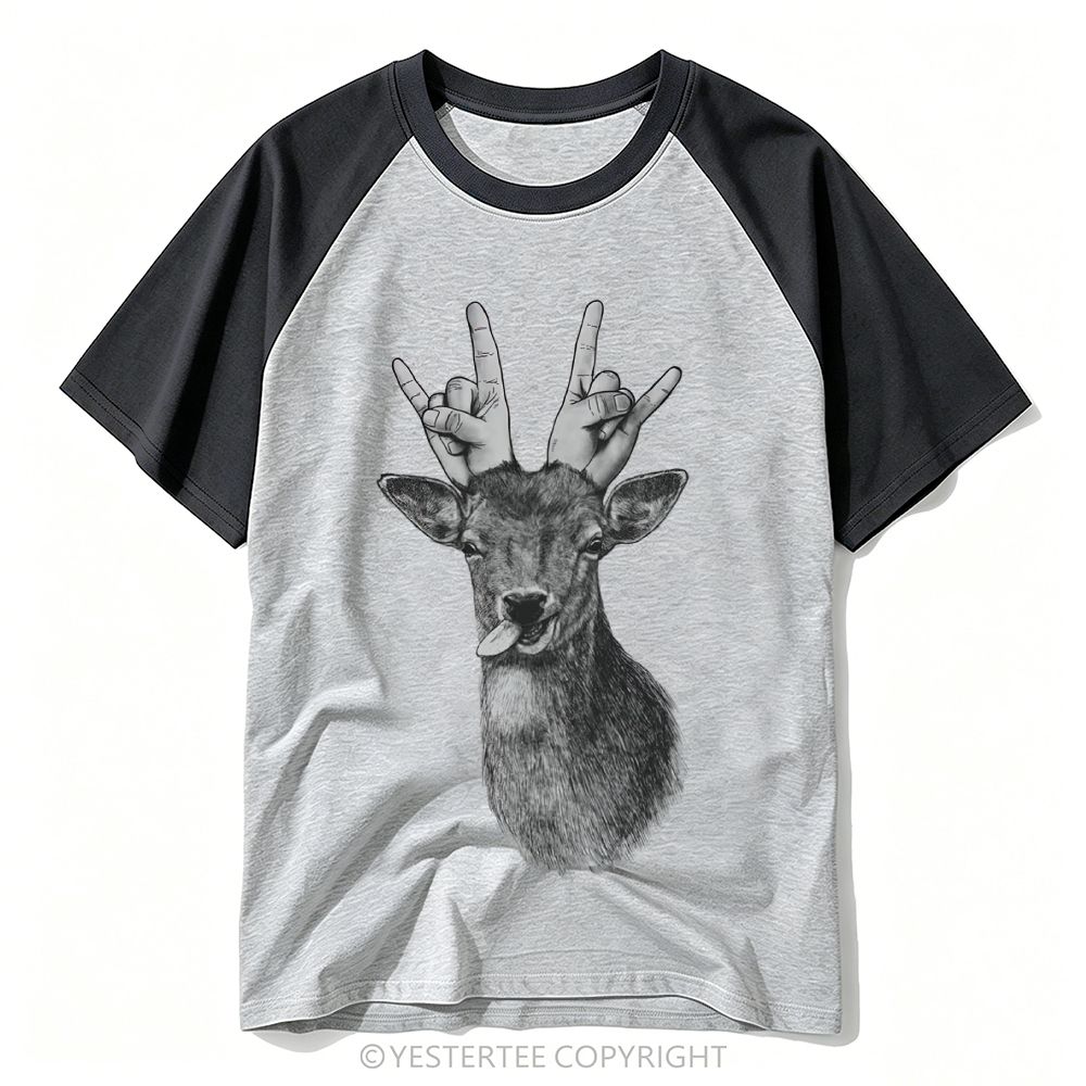 Yestertee Sketch Deer Head Rock Hand Horns Funny Tongue Graphic Baseball T-shirt