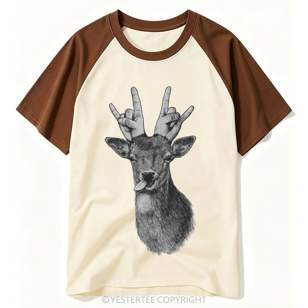 Yestertee Sketch Deer Head Rock Hand Horns Funny Tongue Graphic Baseball T-shirt