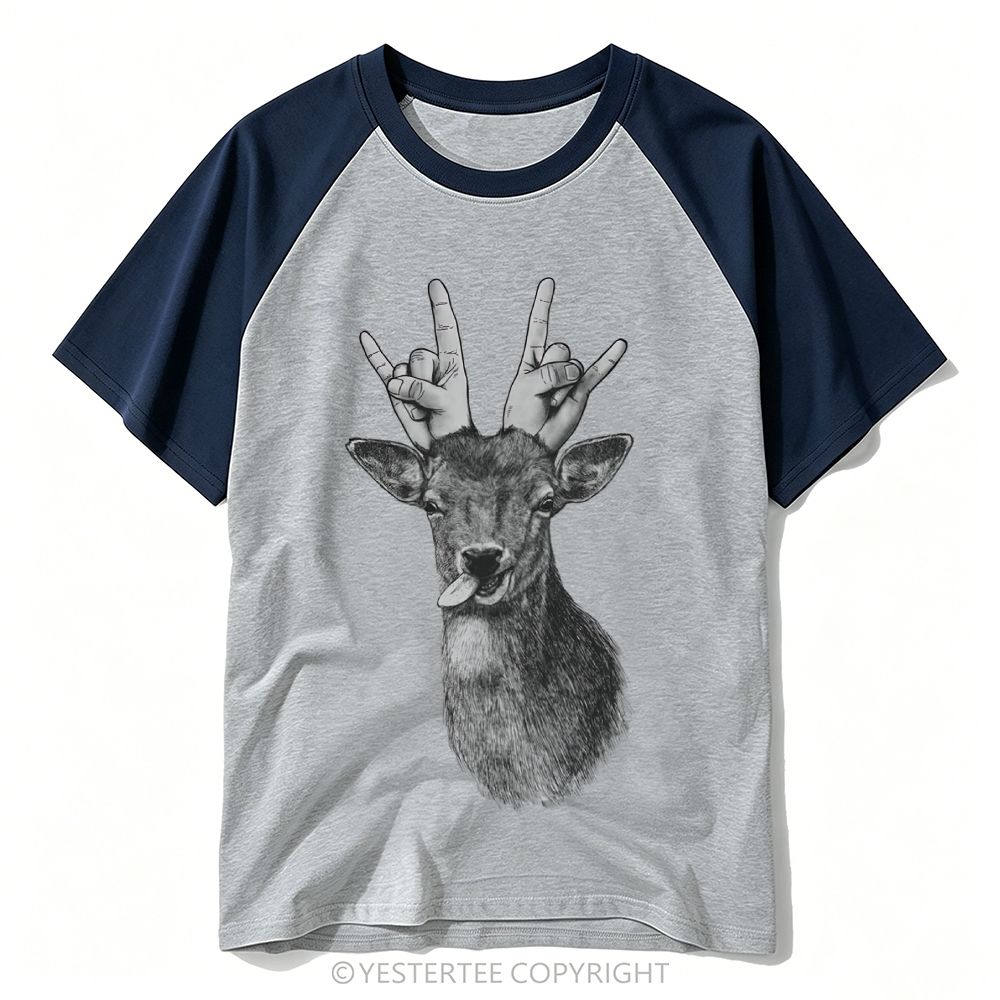 Yestertee Sketch Deer Head Rock Hand Horns Funny Tongue Graphic Baseball T-shirt