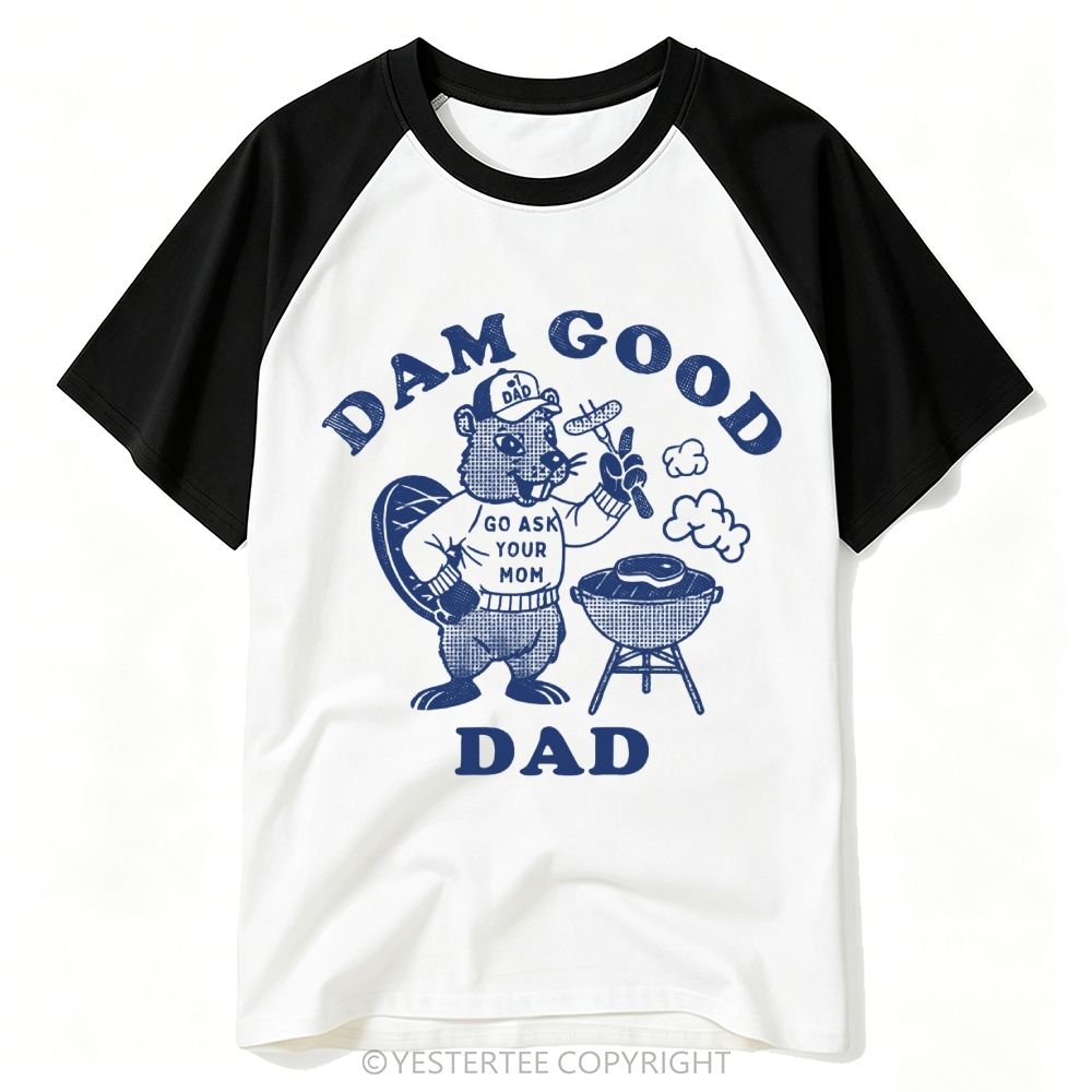 Yestertee Halftone Beaver BBQ Grill Funny Dad Pun Baseball T-shirt 