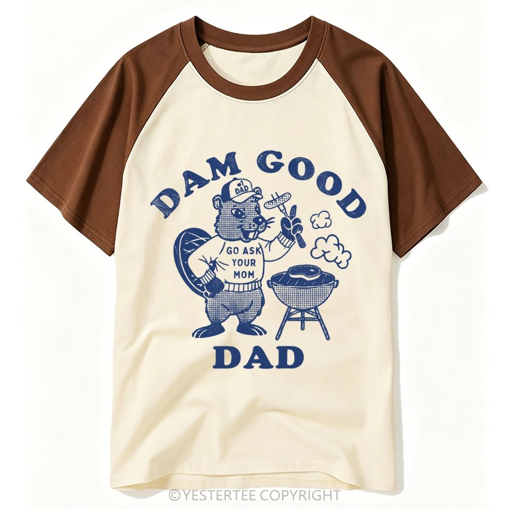 Yestertee Halftone Beaver BBQ Grill Funny Dad Pun Baseball T-shirt 