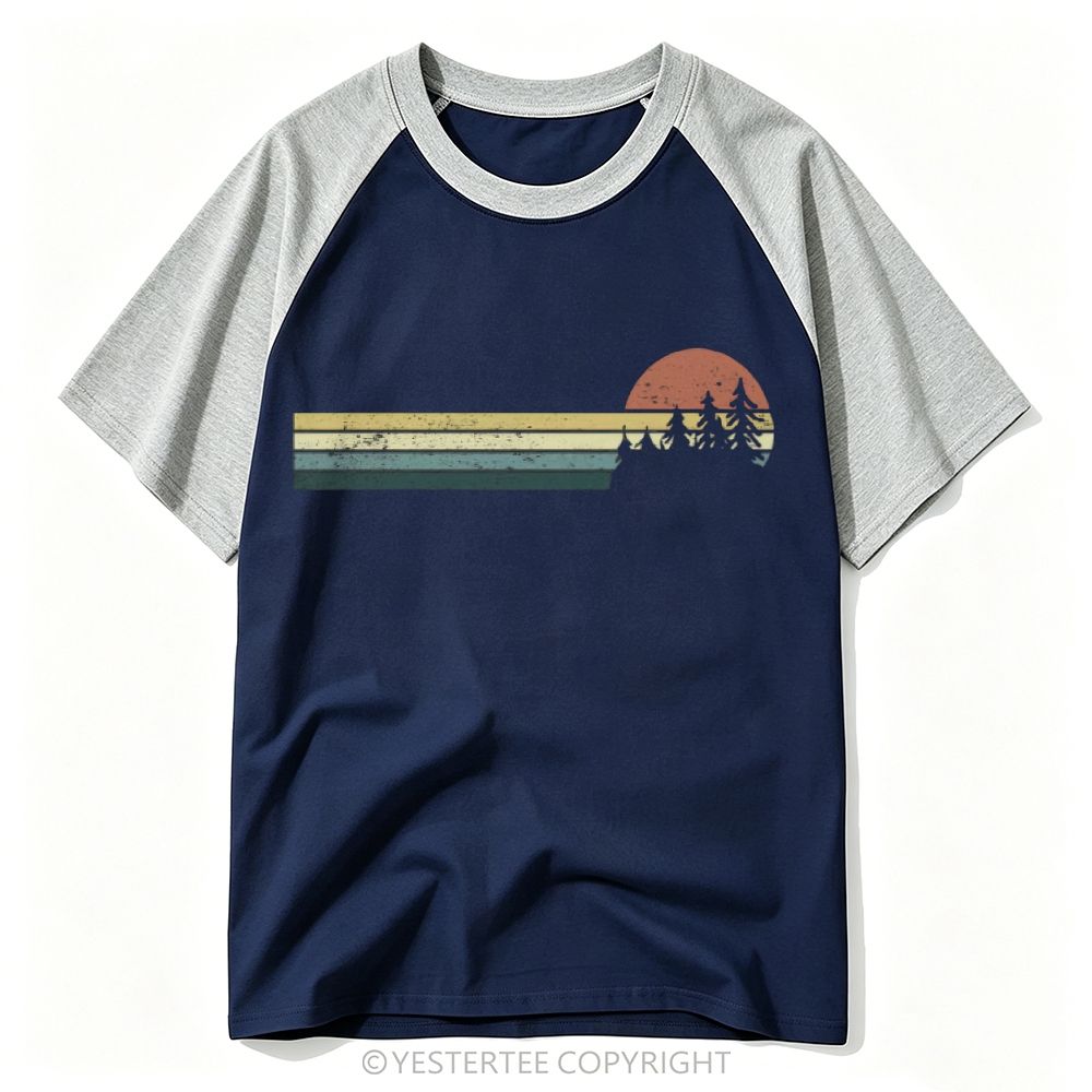 Horizontal Stripe Pine Mountain Sunset Silhouette Outdoor Baseball T-shirt