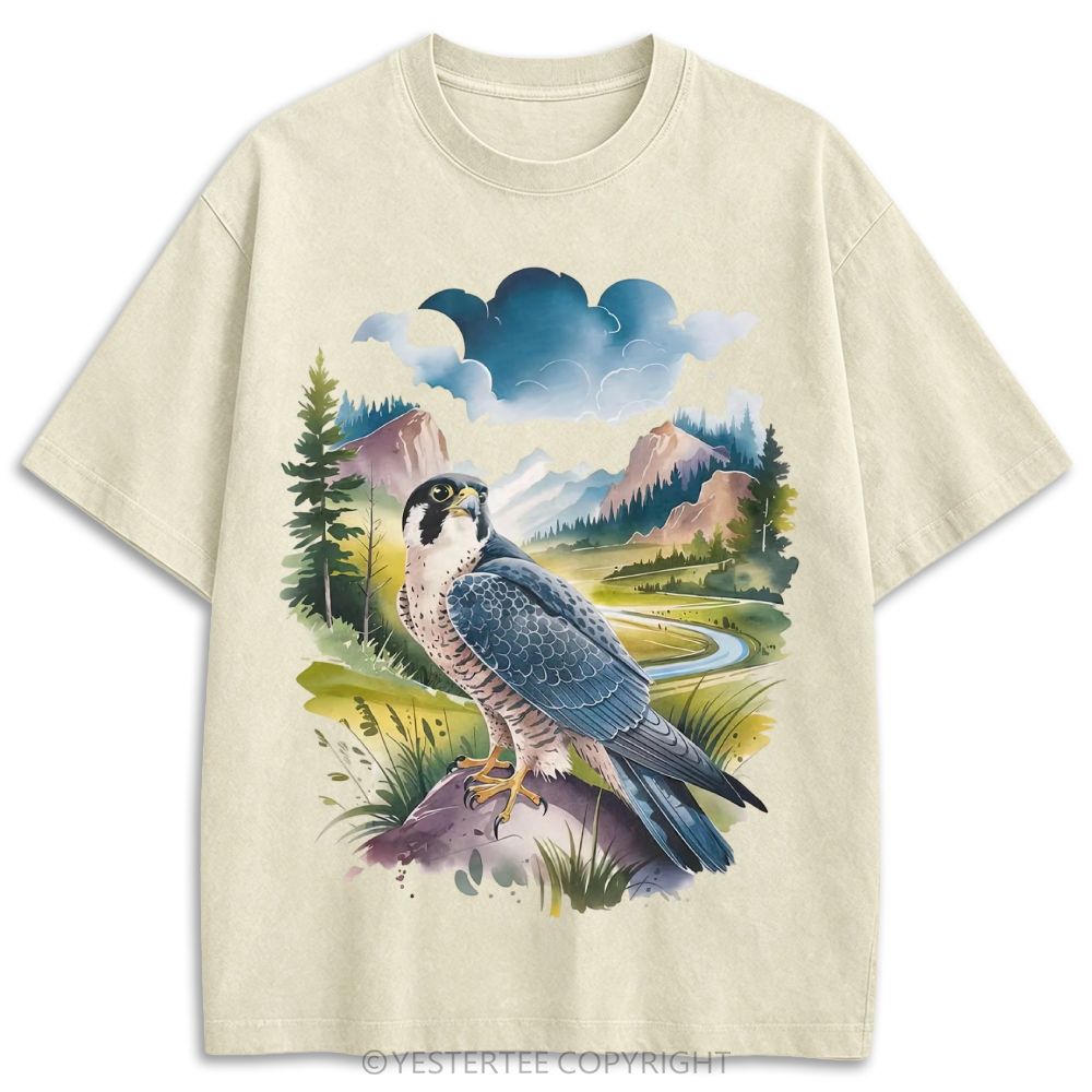 Mountain Falcon Scenic Watercolor Retro Washed T-shirt