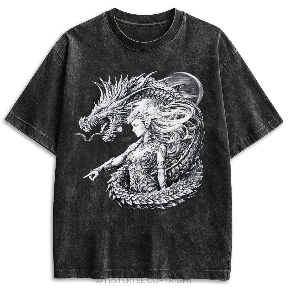 Dark Fantasy Dragon Elf Full Moon Detailed Sketch Monochrome Retro Washed T-shirt
