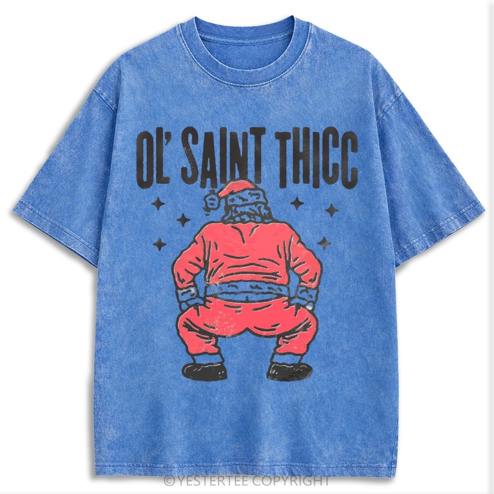 Ol Saint Thicc Back View Santa Distressed Retro Washed T-shirt