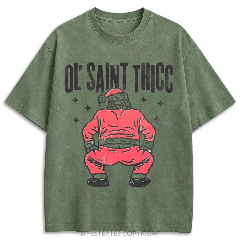 Ol Saint Thicc Back View Santa Distressed Retro Washed T-shirt
