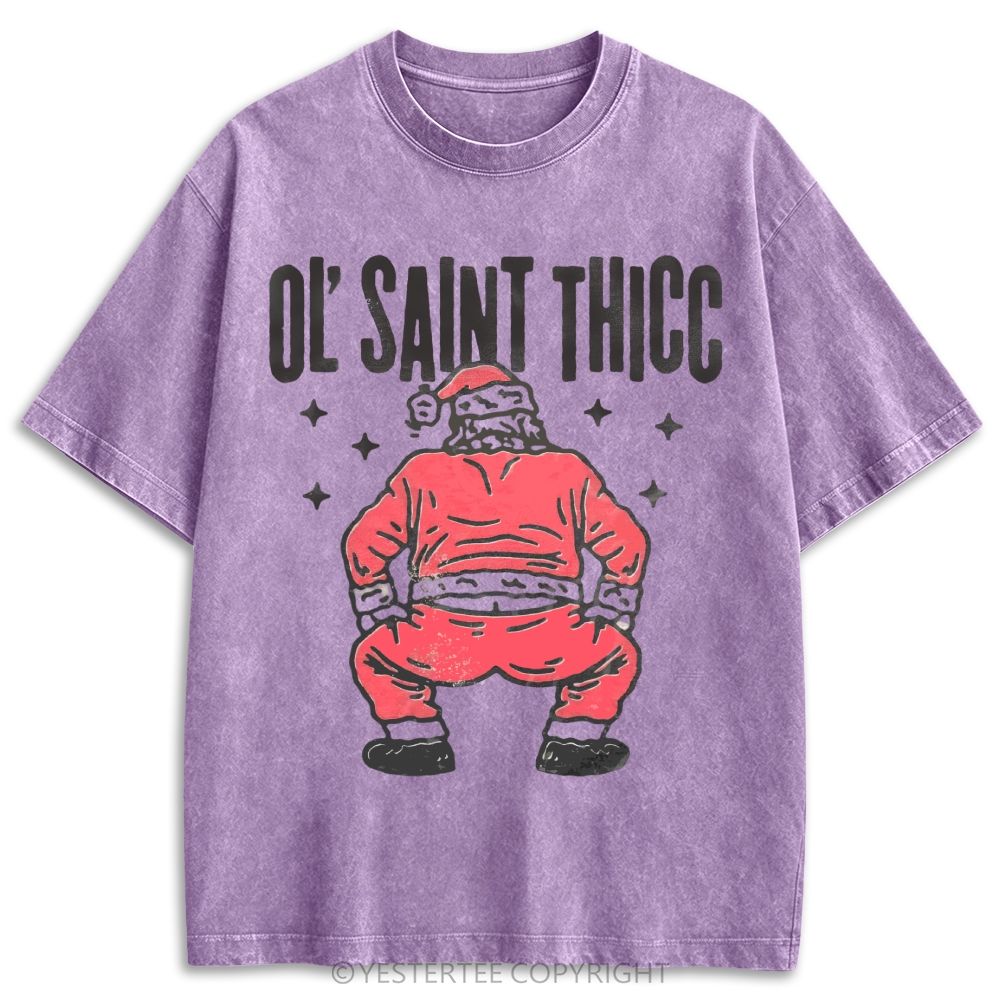 Ol Saint Thicc Back View Santa Distressed Retro Washed T-shirt