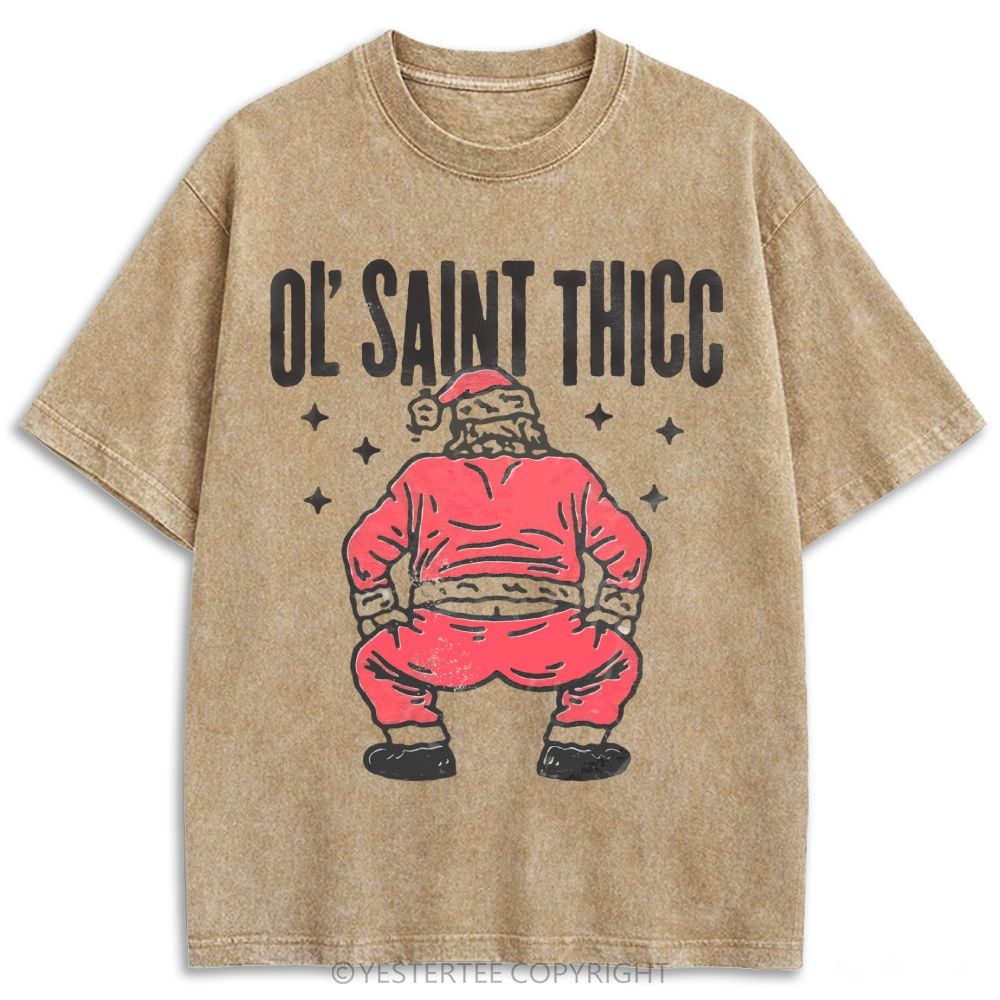 Ol Saint Thicc Back View Santa Distressed Retro Washed T-shirt
