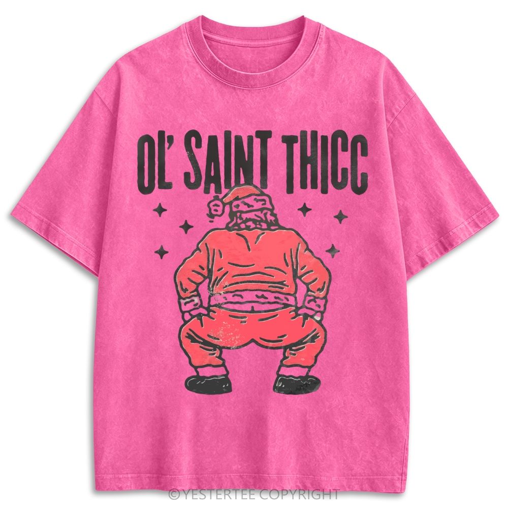 Ol Saint Thicc Back View Santa Distressed Retro Washed T-shirt