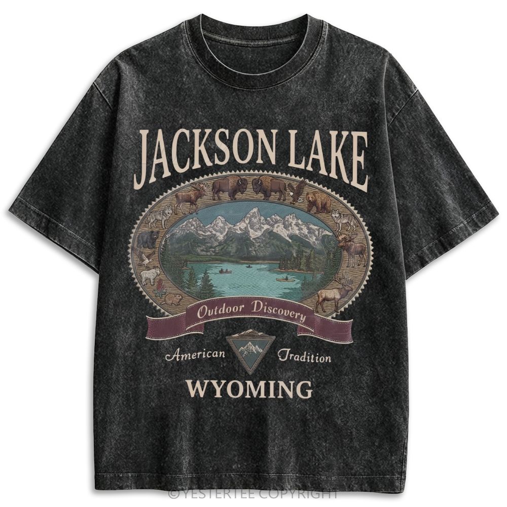 Washed Jackson Lake Wyoming Wildlife Mountain Oval Retro Washed T-shirt