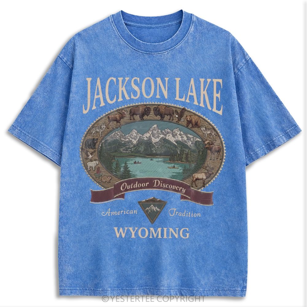 Washed Jackson Lake Wyoming Wildlife Mountain Oval Retro Washed T-shirt