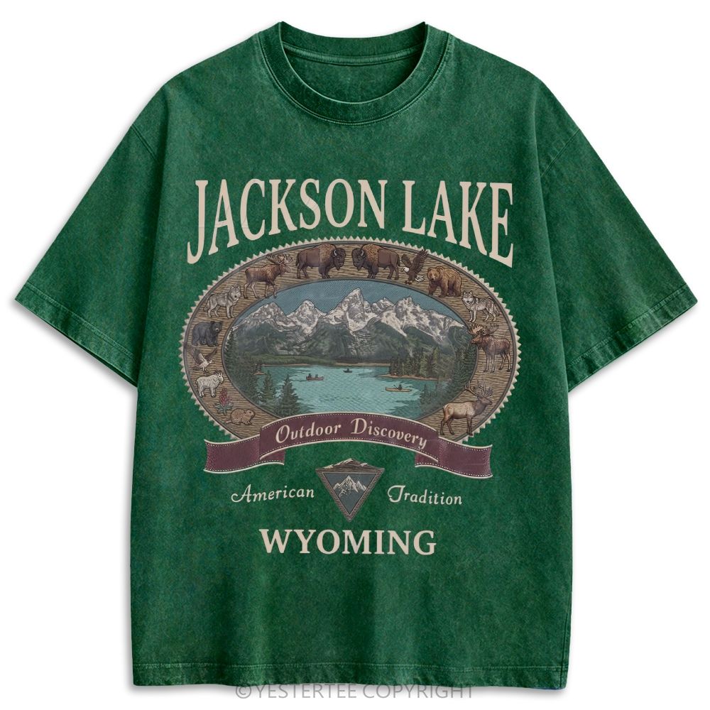 Washed Jackson Lake Wyoming Wildlife Mountain Oval Retro Washed T-shirt