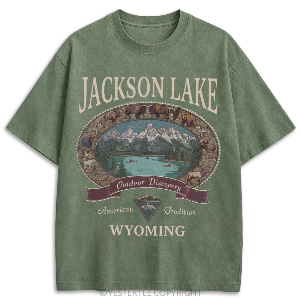 Washed Jackson Lake Wyoming Wildlife Mountain Oval Retro Washed T-shirt