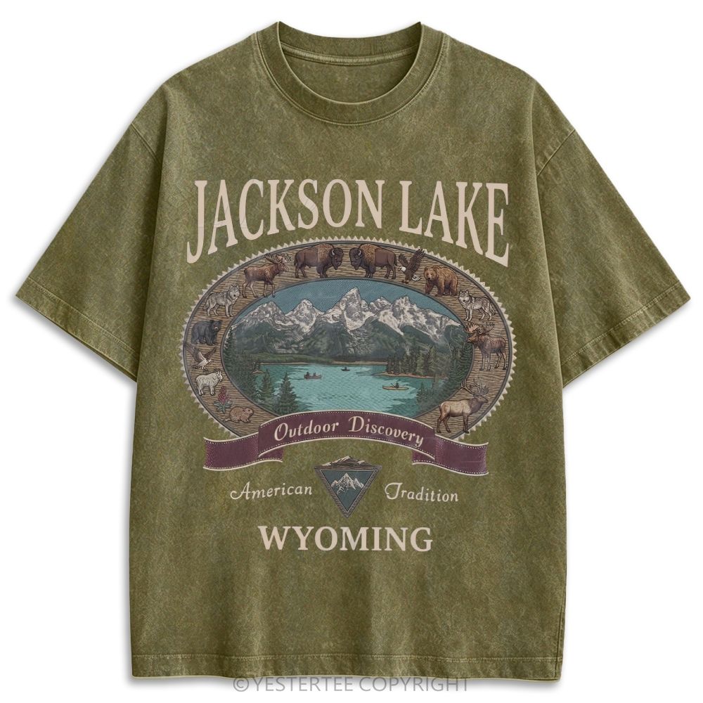 Washed Jackson Lake Wyoming Wildlife Mountain Oval Retro Washed T-shirt