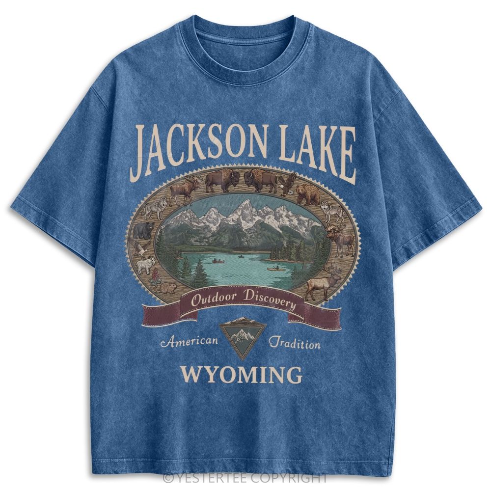 Washed Jackson Lake Wyoming Wildlife Mountain Oval Retro Washed T-shirt