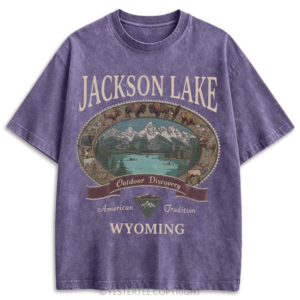 Washed Jackson Lake Wyoming Wildlife Mountain Oval Retro Washed T-shirt