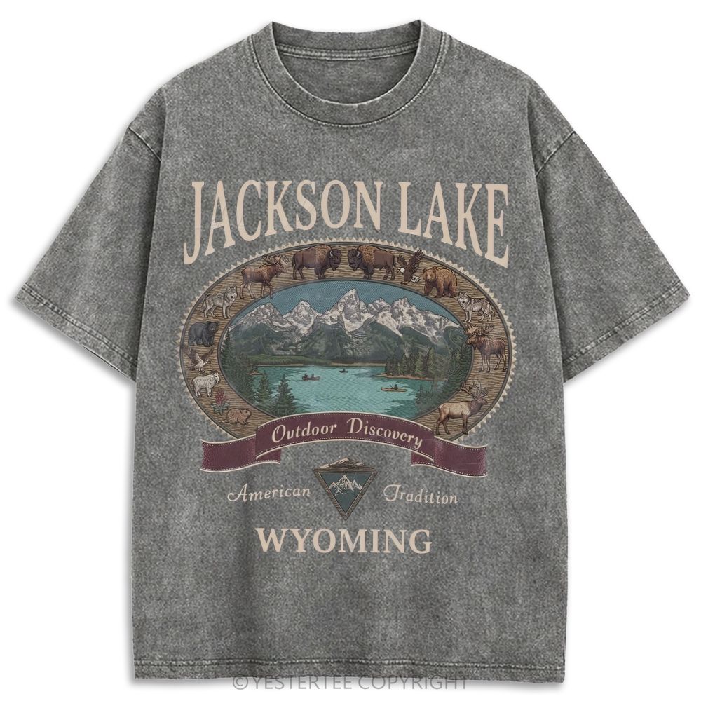 Washed Jackson Lake Wyoming Wildlife Mountain Oval Retro Washed T-shirt