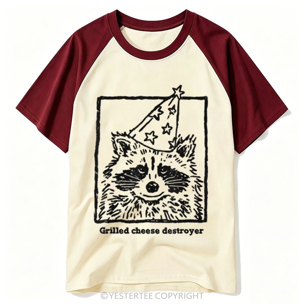 Yestertee Sketch Raccoon Party Hat Grilled Cheese Destroyer Text Baseball T-shirt 