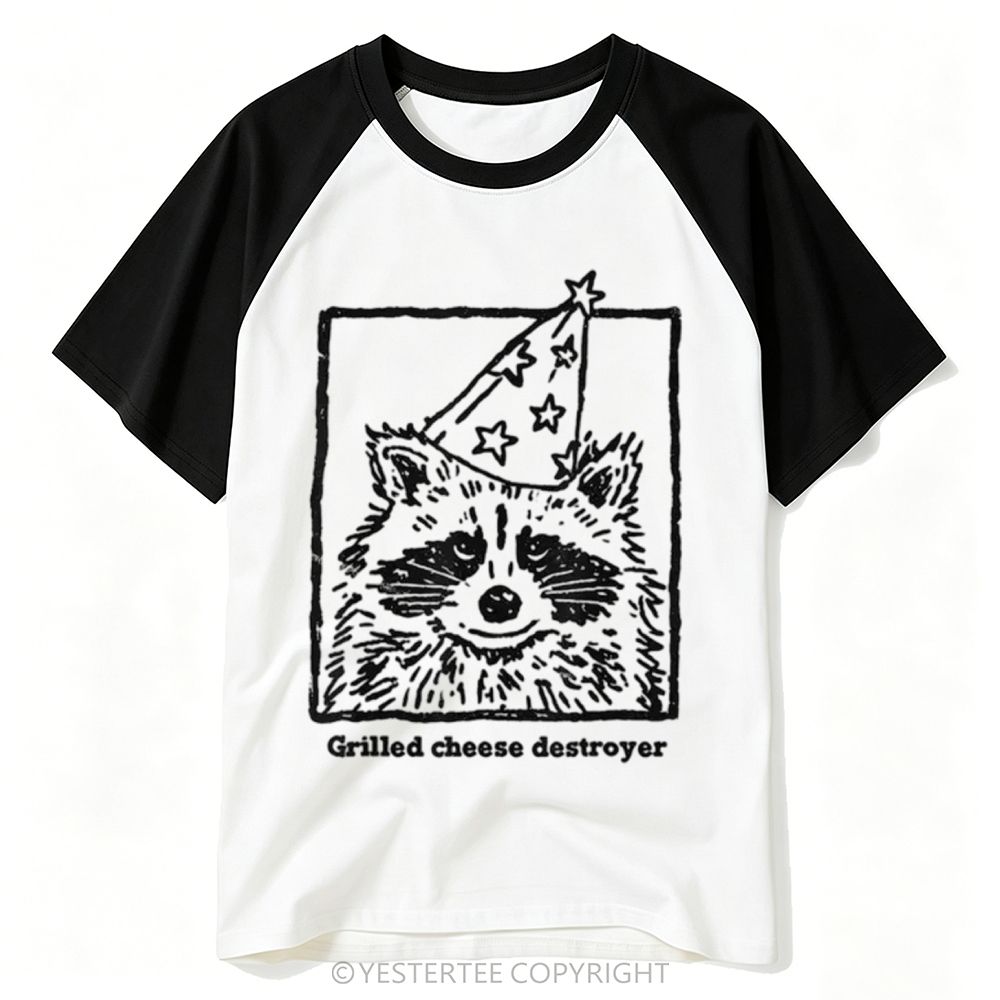Yestertee Sketch Raccoon Party Hat Grilled Cheese Destroyer Text Baseball T-shirt 