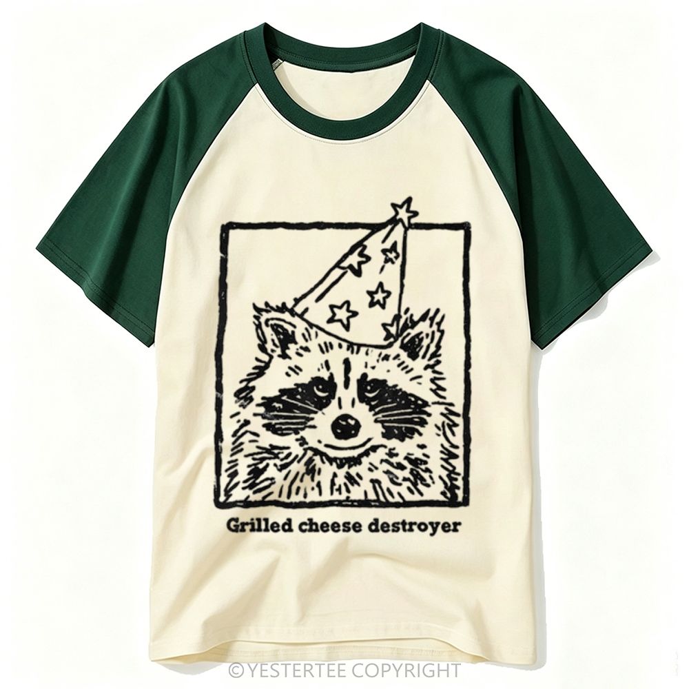 Yestertee Sketch Raccoon Party Hat Grilled Cheese Destroyer Text Baseball T-shirt 