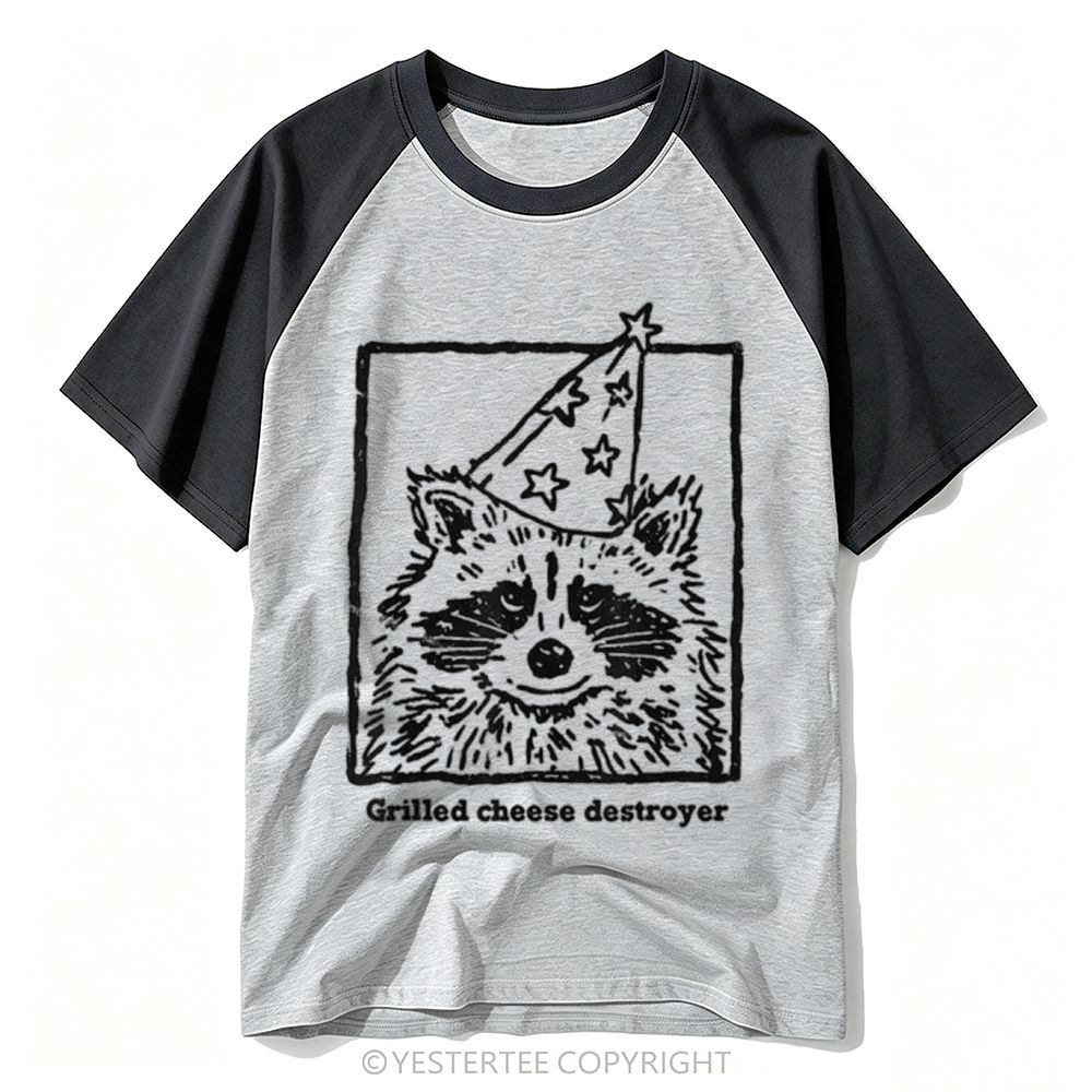 Yestertee Sketch Raccoon Party Hat Grilled Cheese Destroyer Text Baseball T-shirt 