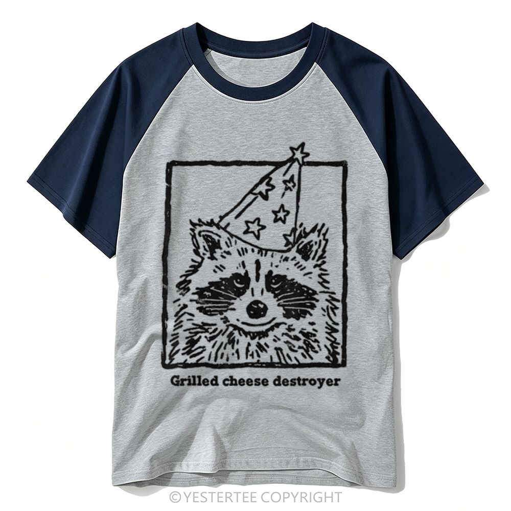 Yestertee Sketch Raccoon Party Hat Grilled Cheese Destroyer Text Baseball T-shirt 