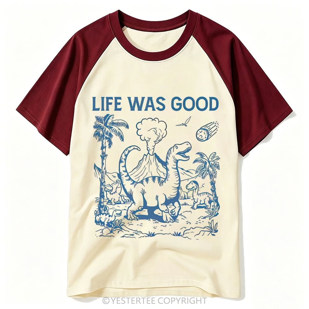Yestertee Prehistoric Dinosaur Volcano Meteor Life Was Good Retro Baseball T-shirt