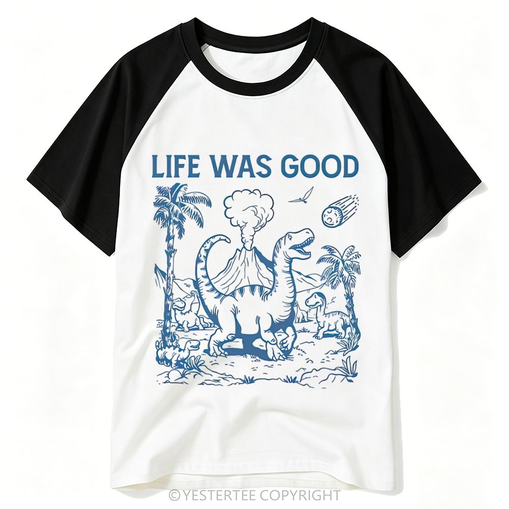 Yestertee Prehistoric Dinosaur Volcano Meteor Life Was Good Retro Baseball T-shirt