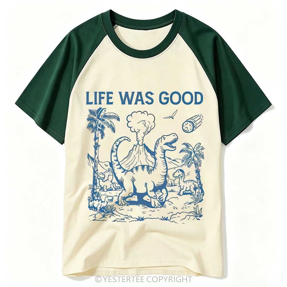 Yestertee Prehistoric Dinosaur Volcano Meteor Life Was Good Retro Baseball T-shirt
