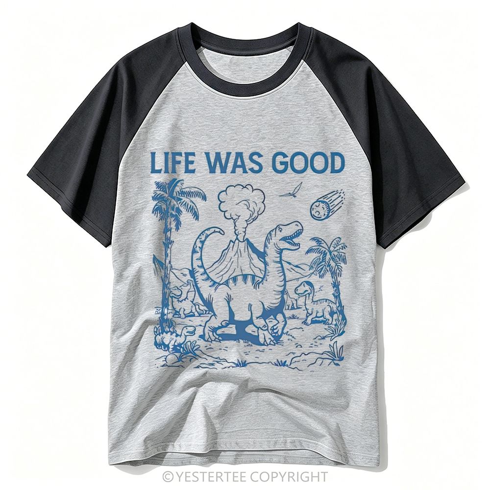 Yestertee Prehistoric Dinosaur Volcano Meteor Life Was Good Retro Baseball T-shirt