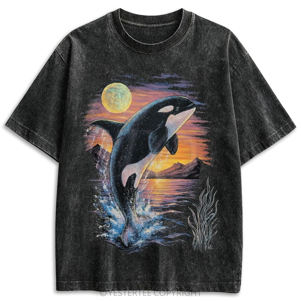 Sunset Orca Ocean Retro Washed T-shirt