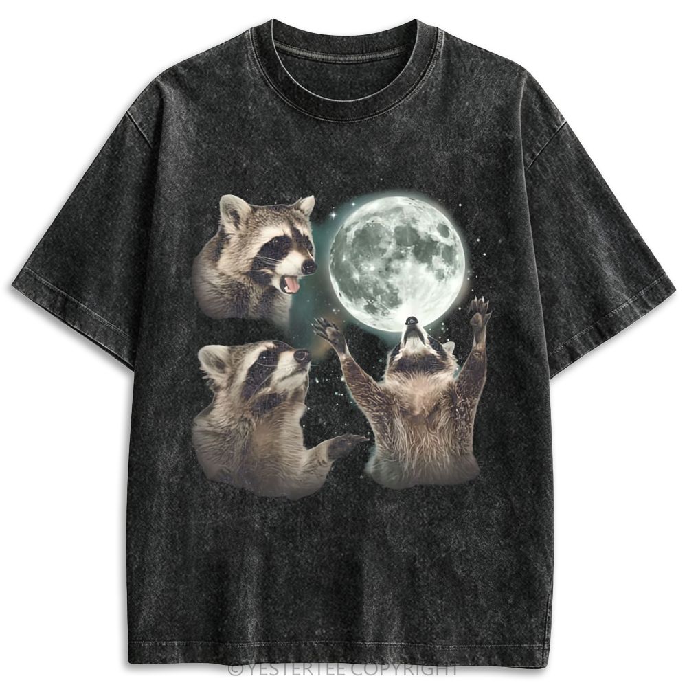 Retro Racoons Howling At The Moon Washed T-shirt 