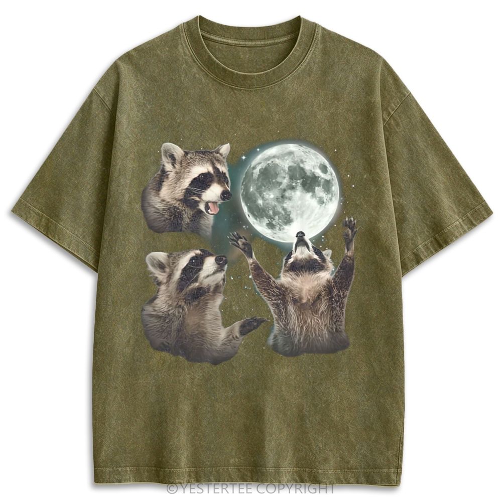 Retro Racoons Howling At The Moon Washed T-shirt 