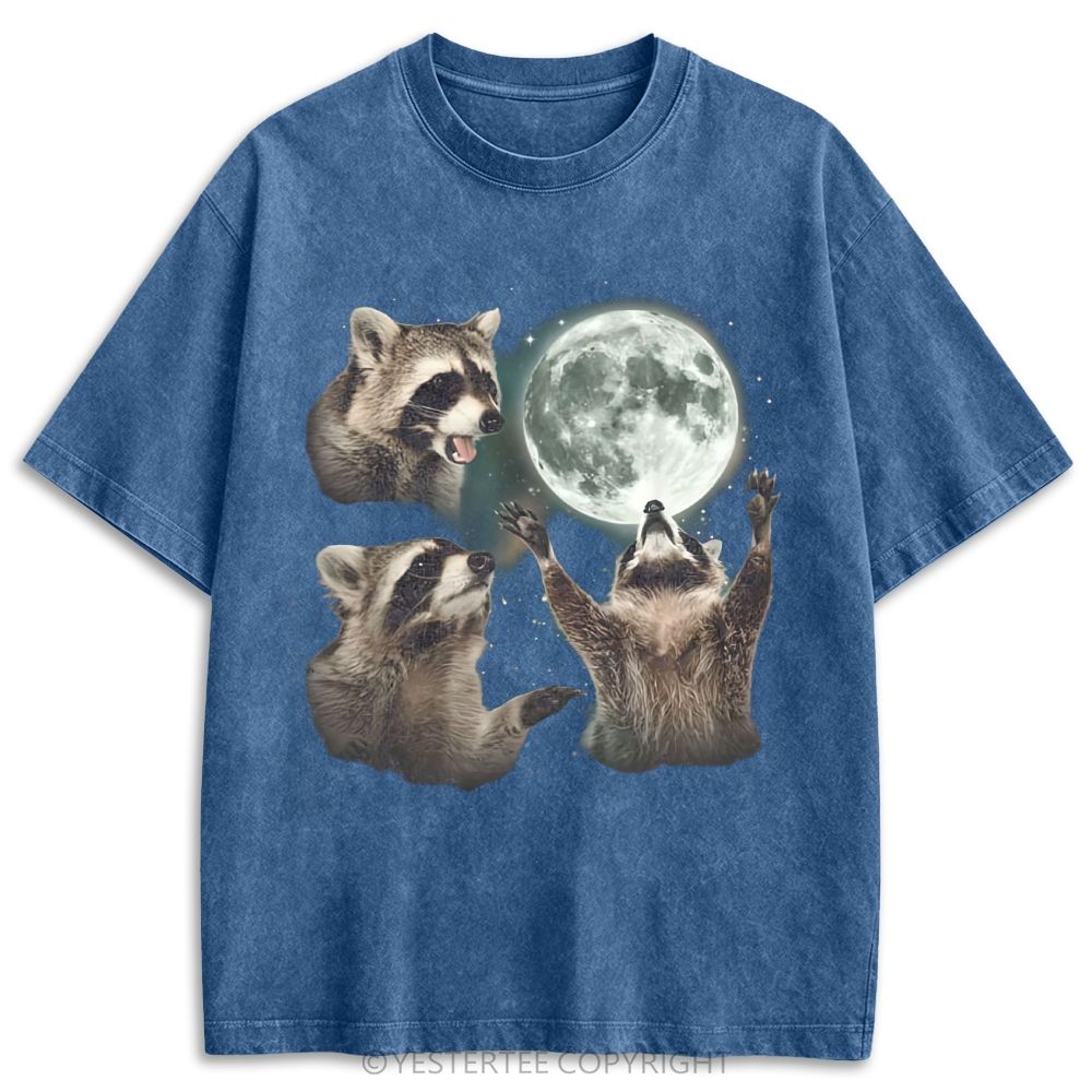 Retro Racoons Howling At The Moon Washed T-shirt 