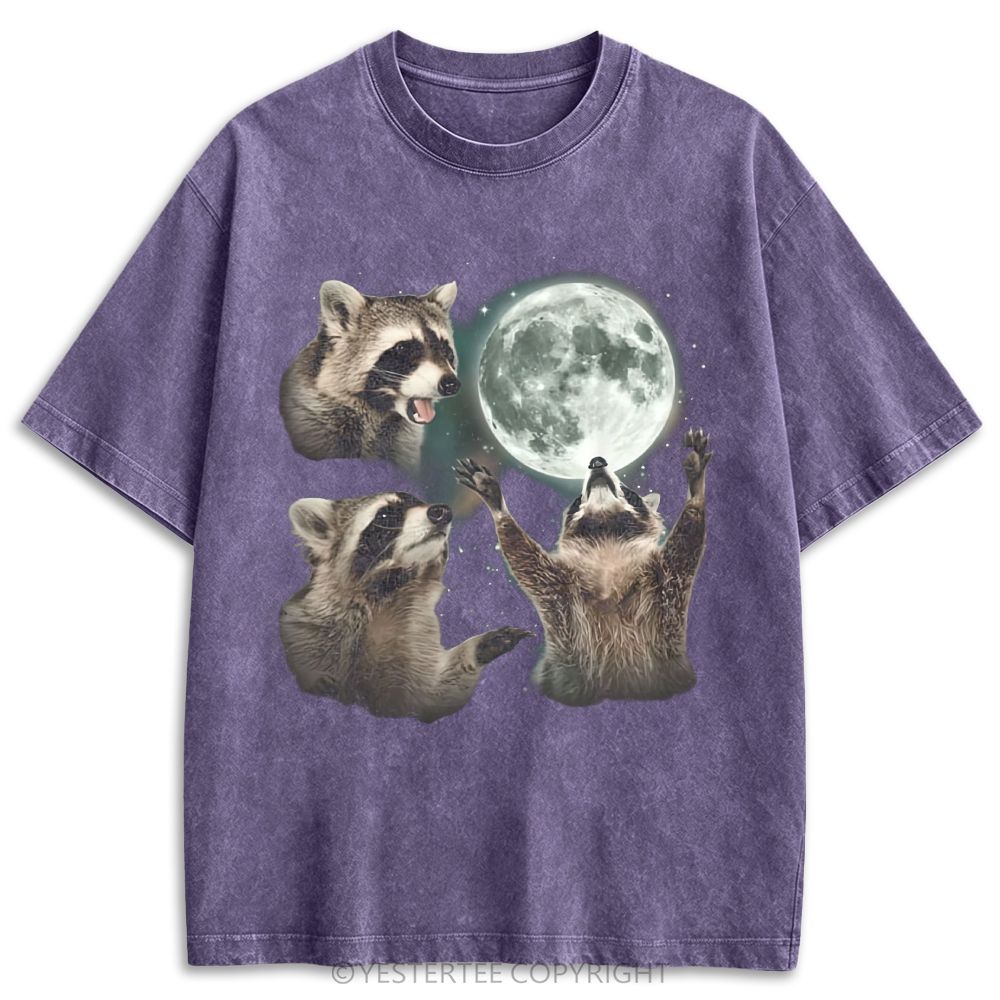 Retro Racoons Howling At The Moon Washed T-shirt 