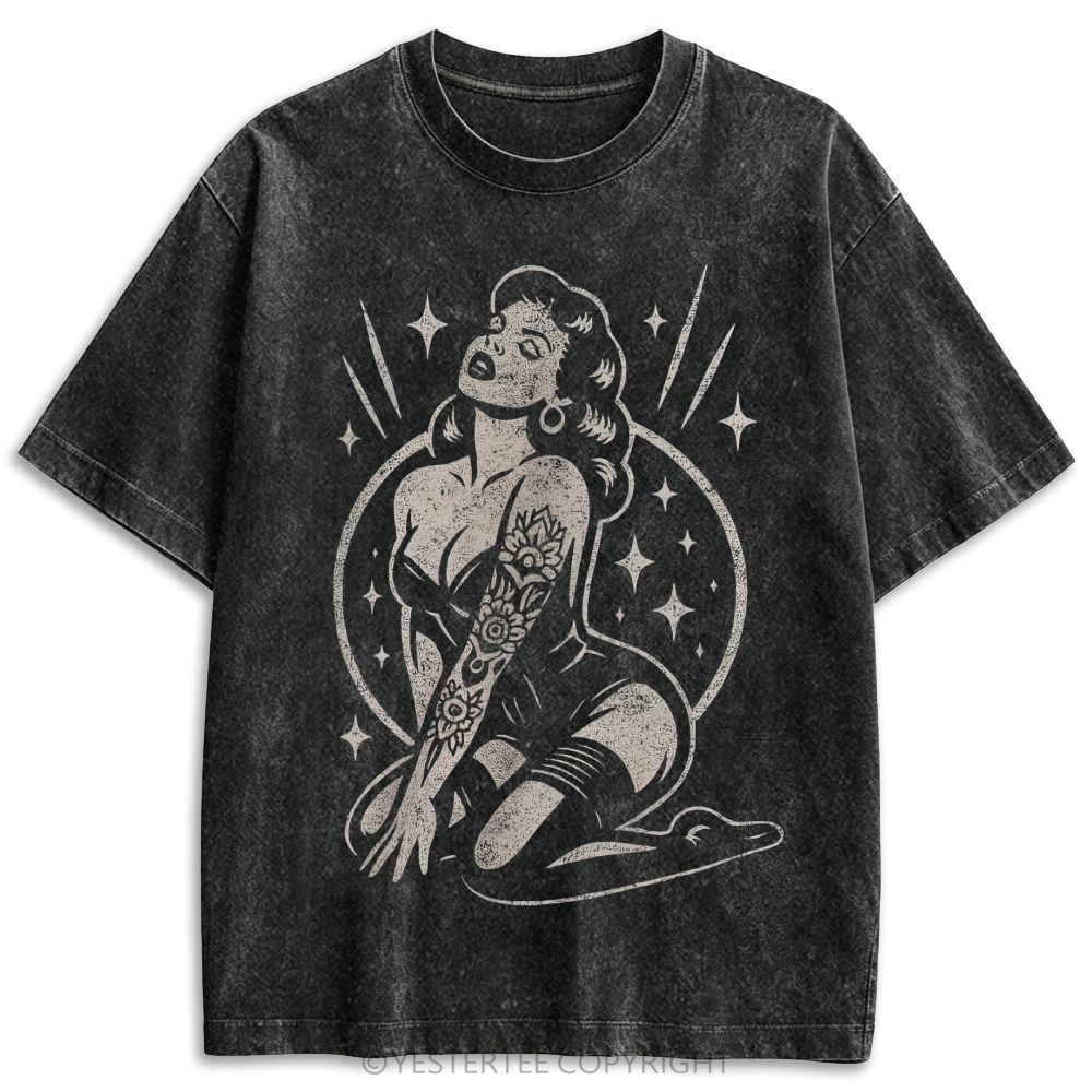 Old School Tattoo Style Star Pinup Lady Retro Washed T-shirt