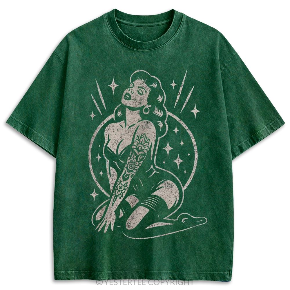 Old School Tattoo Style Star Pinup Lady Retro Washed T-shirt