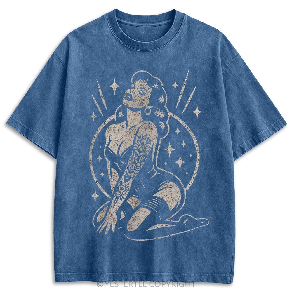 Old School Tattoo Style Star Pinup Lady Retro Washed T-shirt