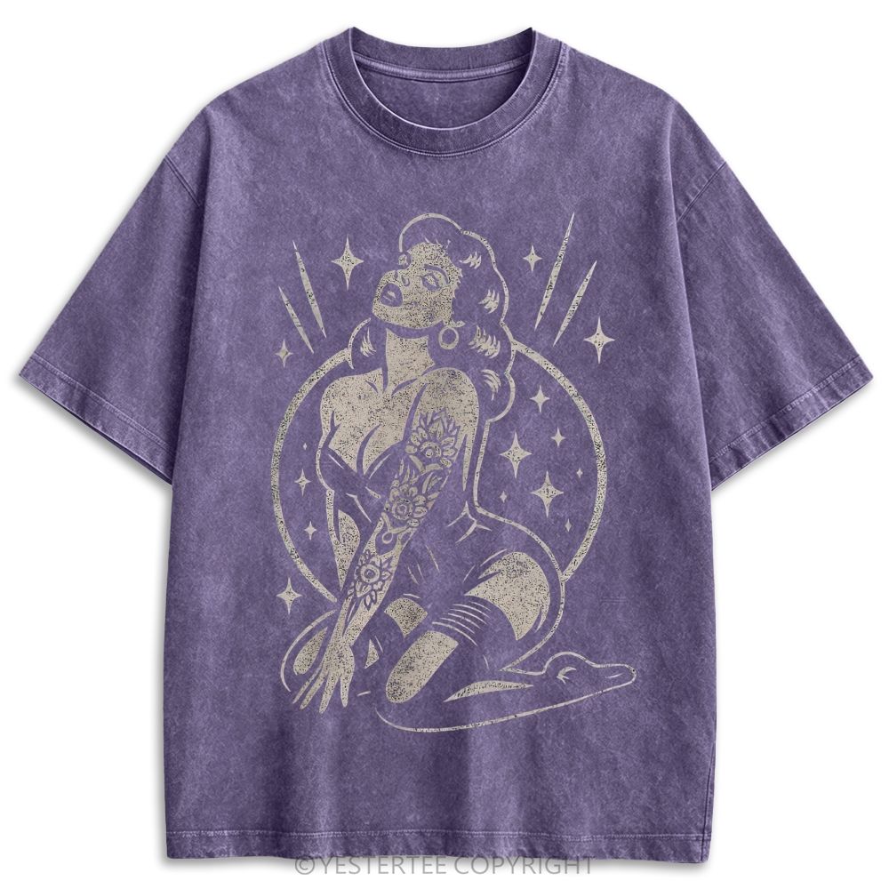 Old School Tattoo Style Star Pinup Lady Retro Washed T-shirt