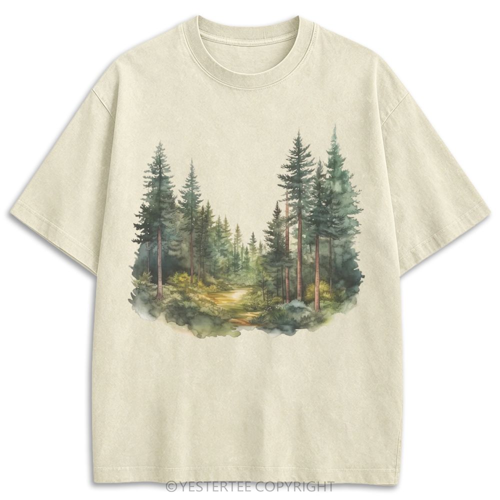 Soft Watercolor Pine Forest Creek Mountain Wild Nature Retro Washed T-shirt