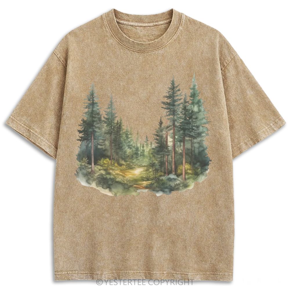Soft Watercolor Pine Forest Creek Mountain Wild Nature Retro Washed T-shirt