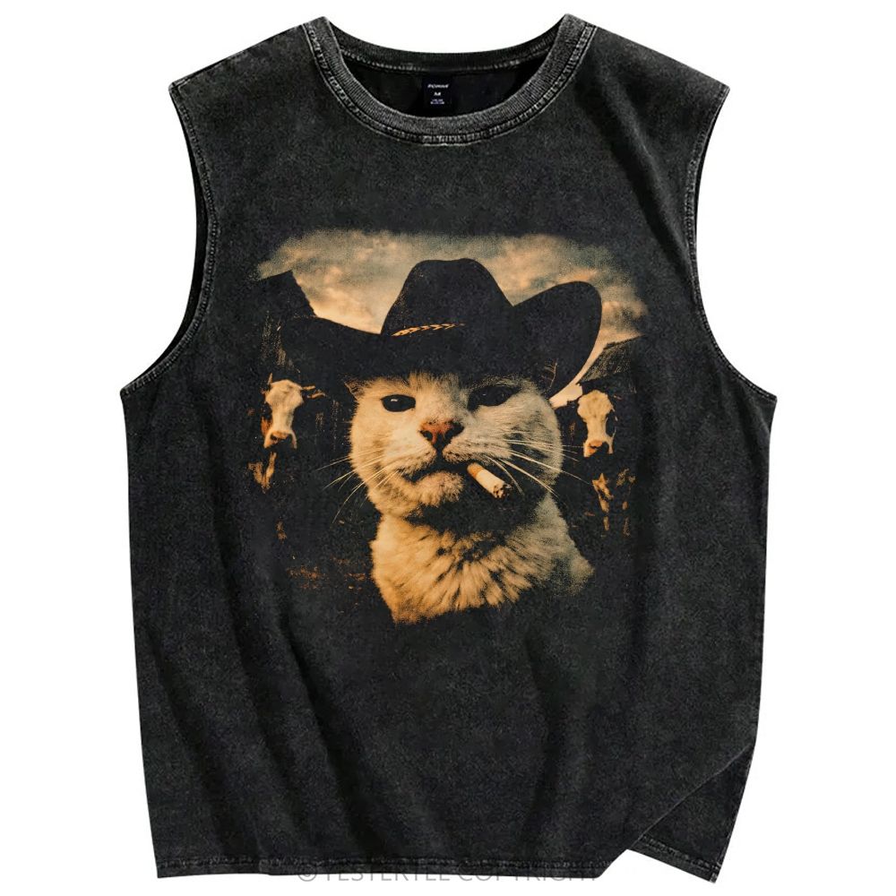 Fun Cowboy Cat With A Retro Western Style Washed Tank Top 