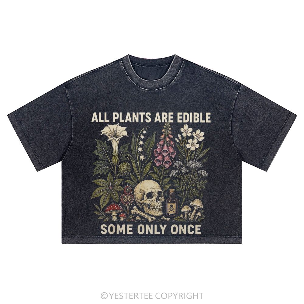 All Plants Are Edible Skull Mushroom Washed Cropped T-Shirt