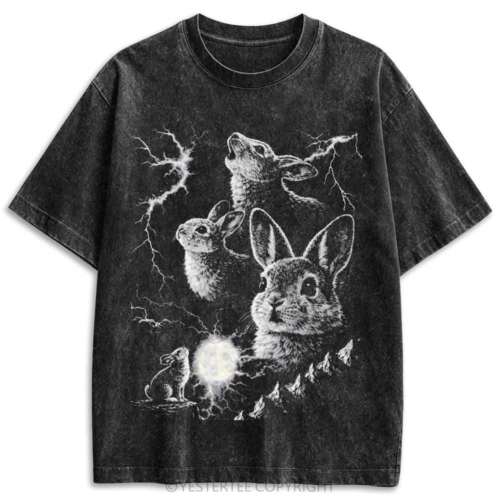 Stormy Mountain Rabbit Moon Retro Washed T-shirt