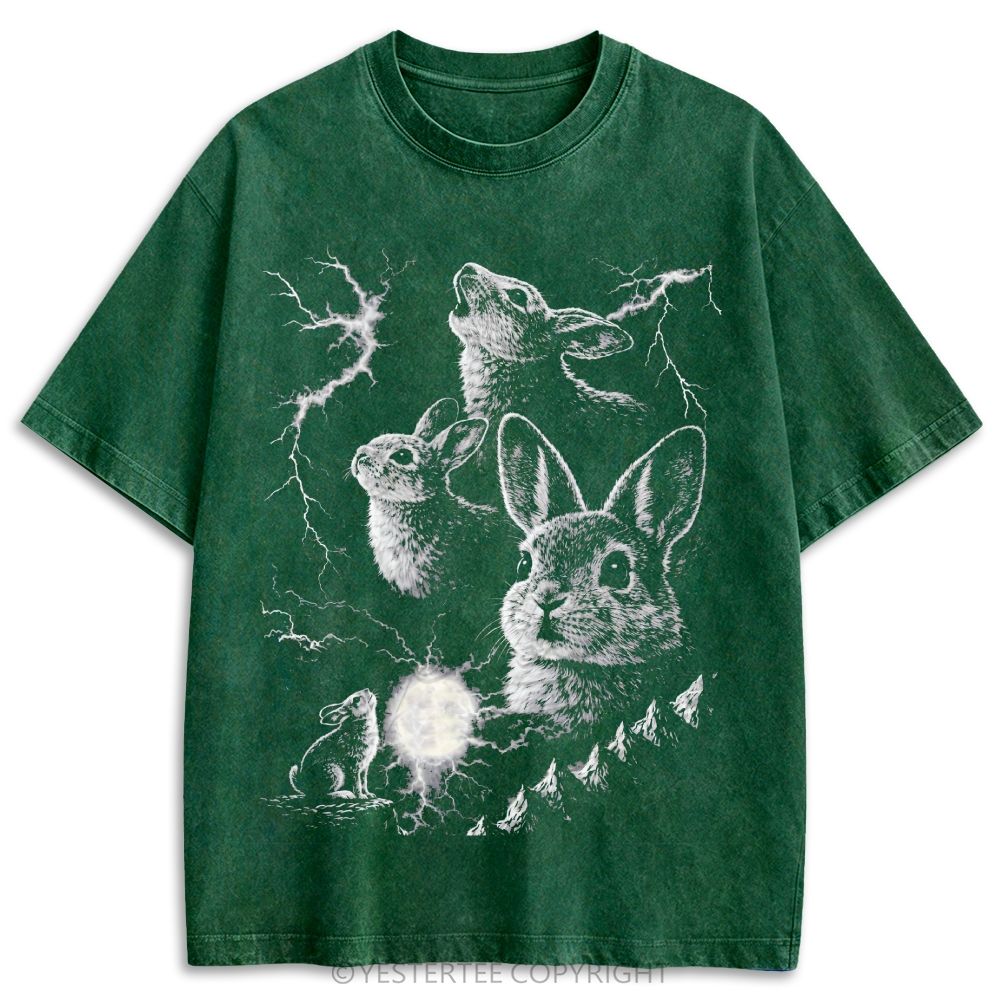 Stormy Mountain Rabbit Moon Retro Washed T-shirt