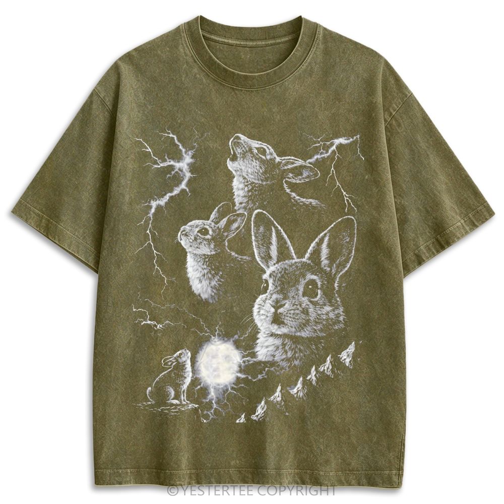 Stormy Mountain Rabbit Moon Retro Washed T-shirt