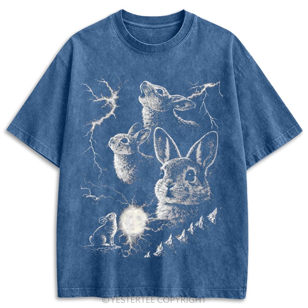 Stormy Mountain Rabbit Moon Retro Washed T-shirt